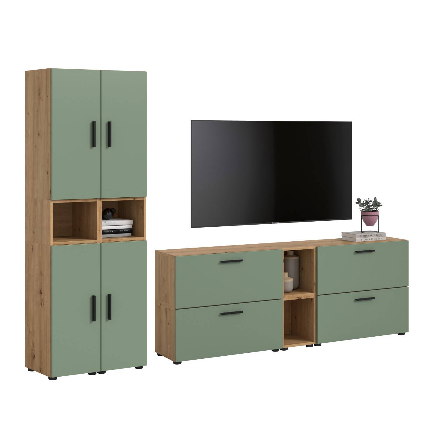 Zweiteilige Anbauwand in Smoke Green und Holzoptik mit viel Stauraum und TV-Möglichkeit – Jonni