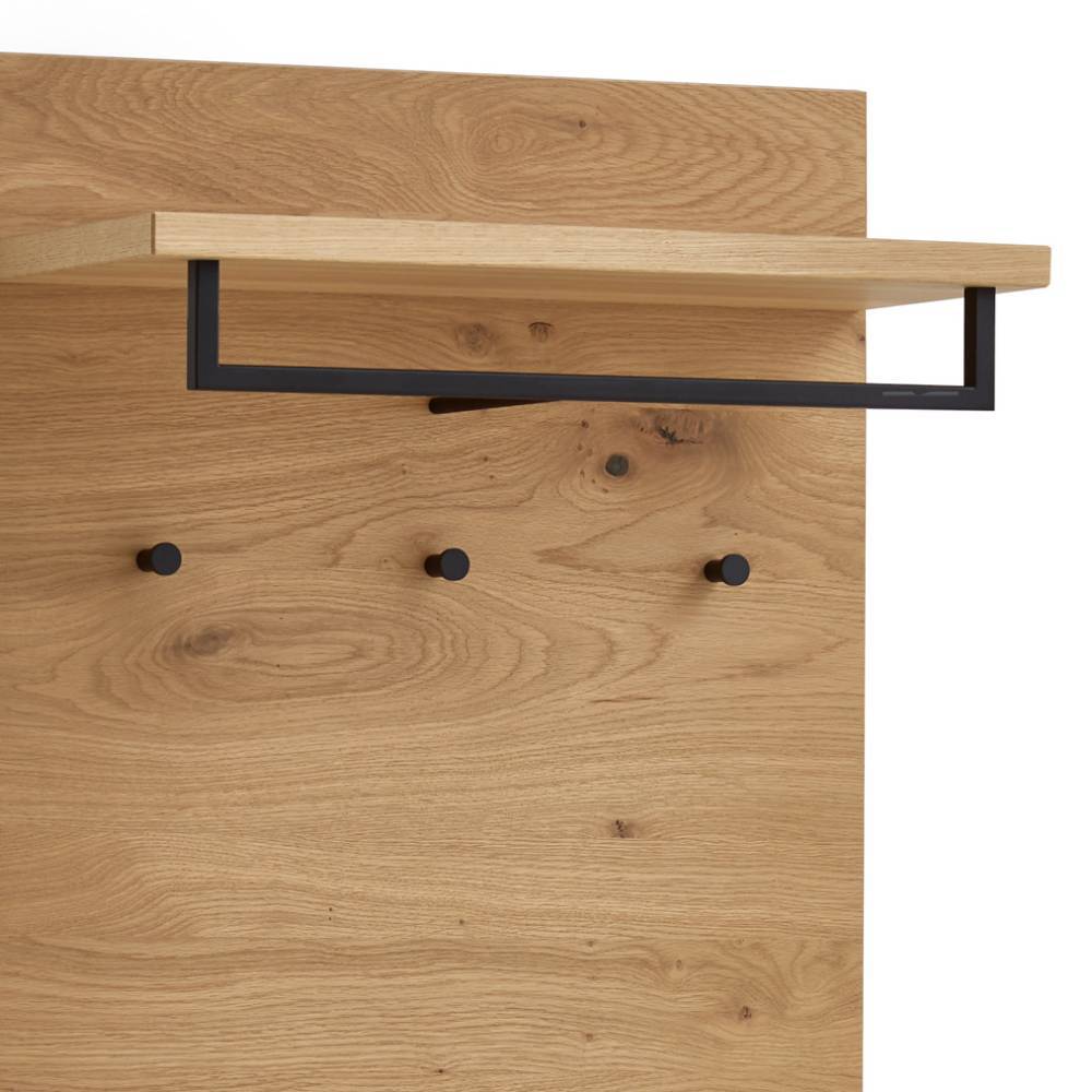 Hängegarderobe Holz Eiche mit Ablage und schwarzer Metallkleiderstange – Lavenci
