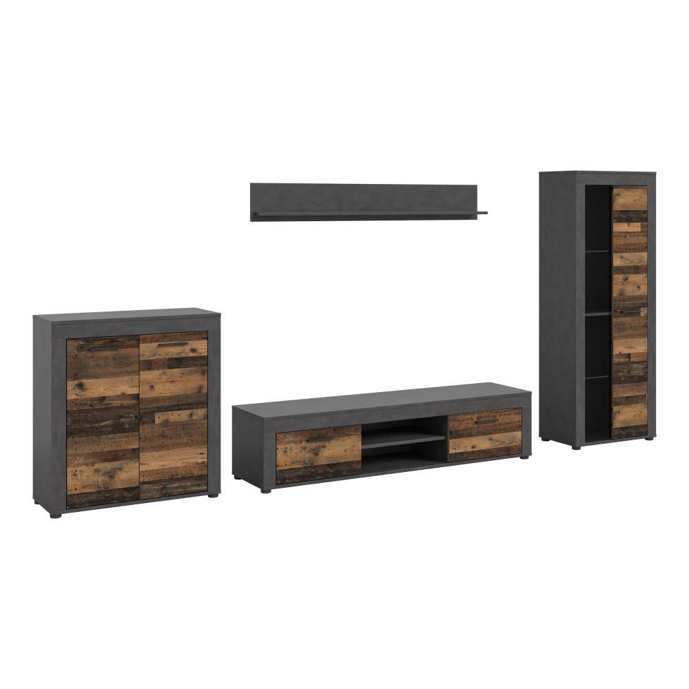 Vierteilige Wohnzimmer Anbauwand in Betonoptik Matera und rustikaler Old Wood Holzoptik – Istrewy