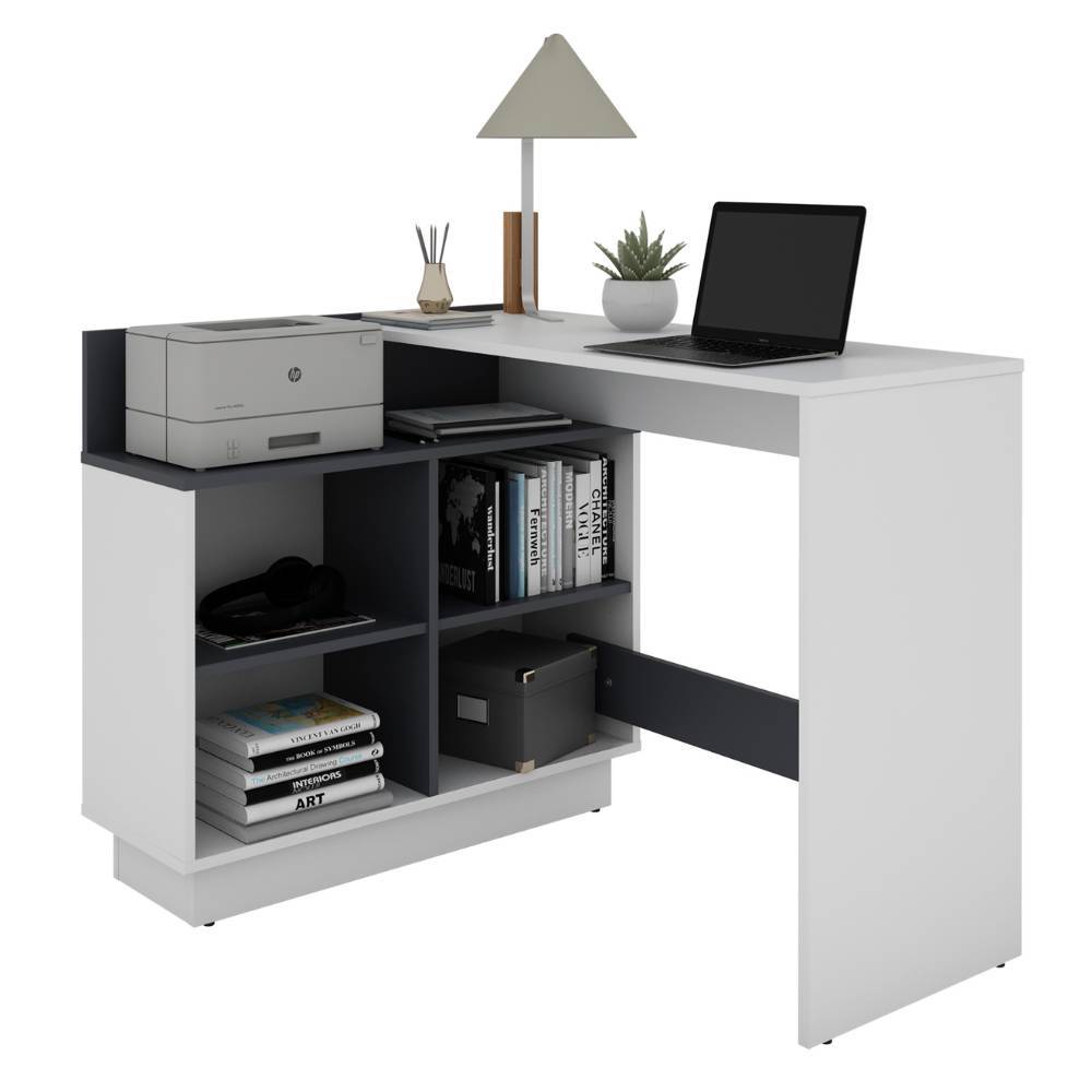 Moderner Schreibtisch in Weiß und Dunkelgrau mit Regalen und Ablagen, ideal für das Homeoffice – Bigova