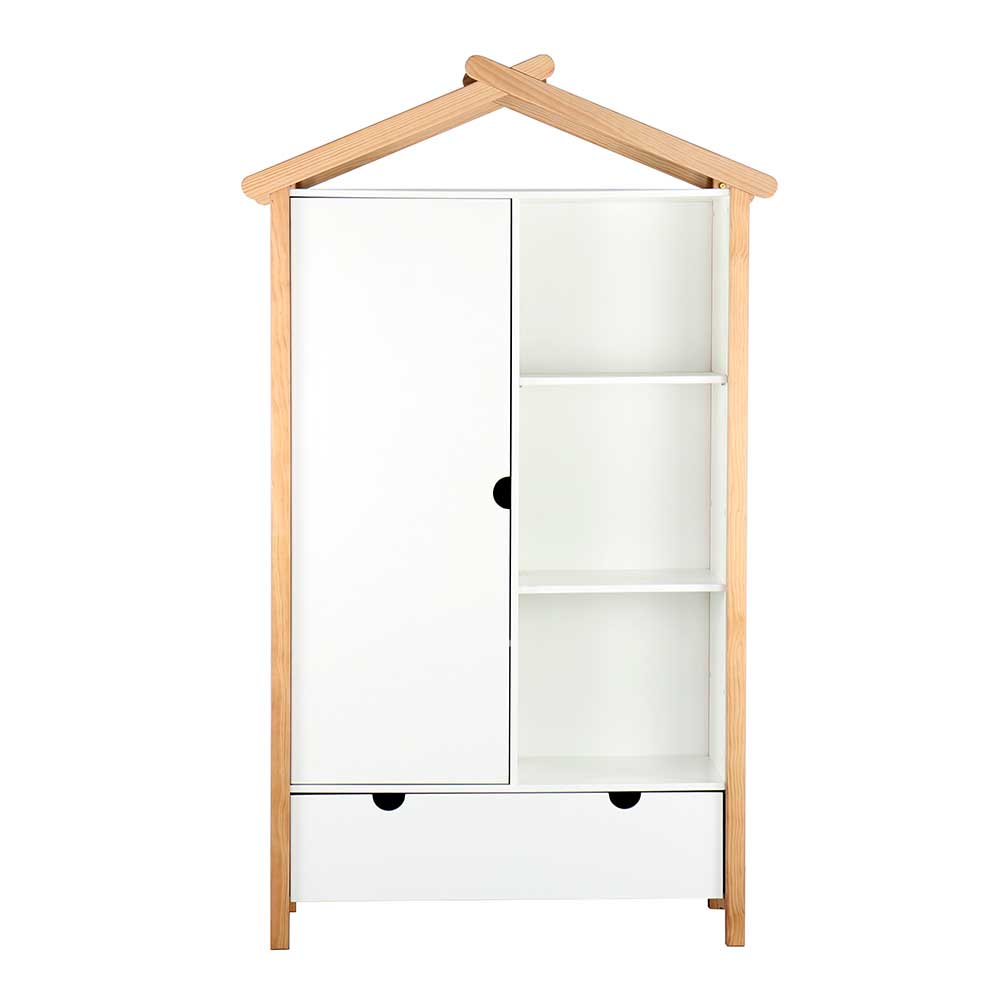 Kinderzimmer Kleiderschrank in Weiß und Naturholz mit Hausdesign und zwei Schubladen – Vathurias