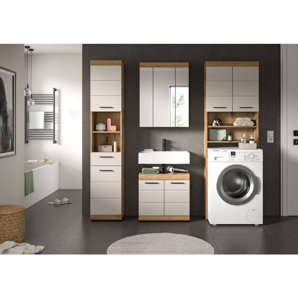 Modernes Badezimmermöbelset in Artisan Eiche und Sandgrau mit Spiegelschrank und Waschmaschinenumbau – Casserra