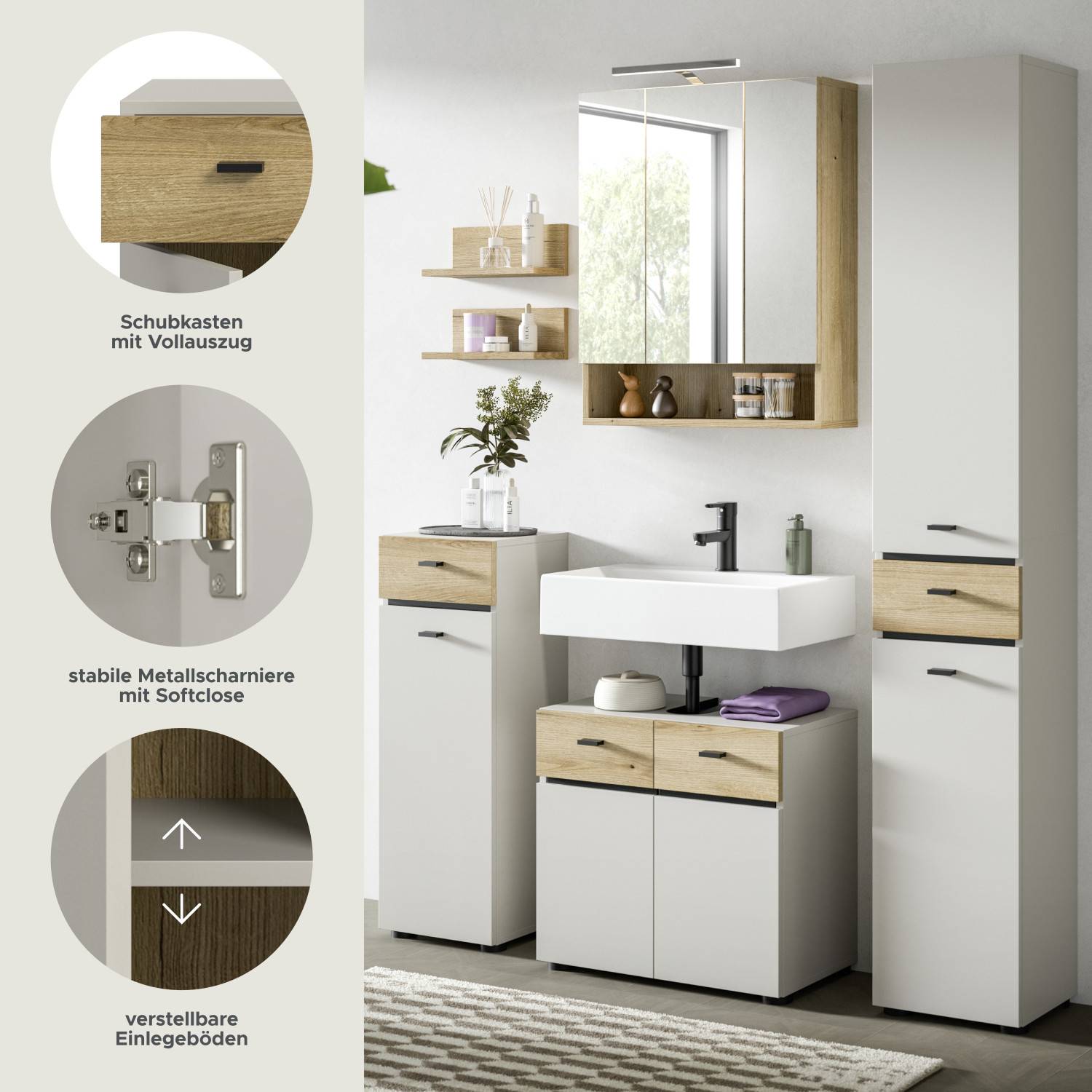 Badschrank Schubkästen mit Vollauszug, stabile Metallscharniere mit Softclose und verstellbare Einlegeböden – Majoristo