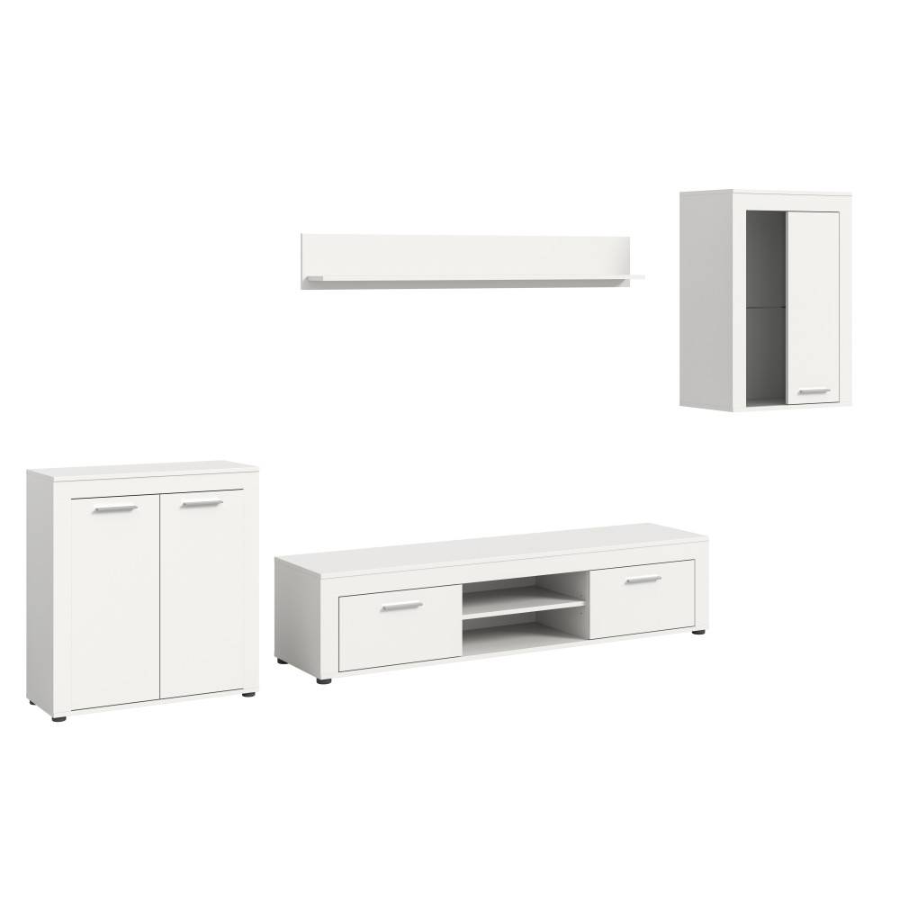 Weiße Wohnzimmermöbel, vierteilig, mit TV-Lowboard, Hängeschrank und Standelement – Furoro