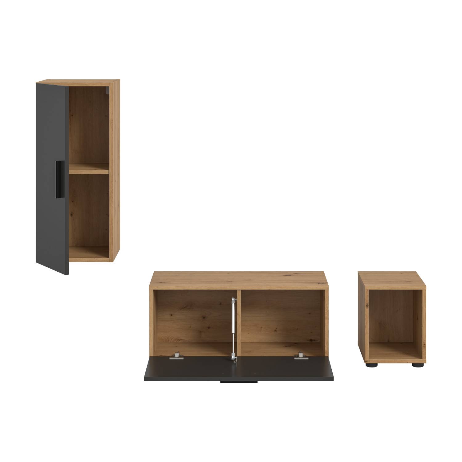 Dreiteilige Anbauwand mit Hängeschrank, TV-Board und Regal in Artisan Oak Dekor und Anthrazit – Estoron