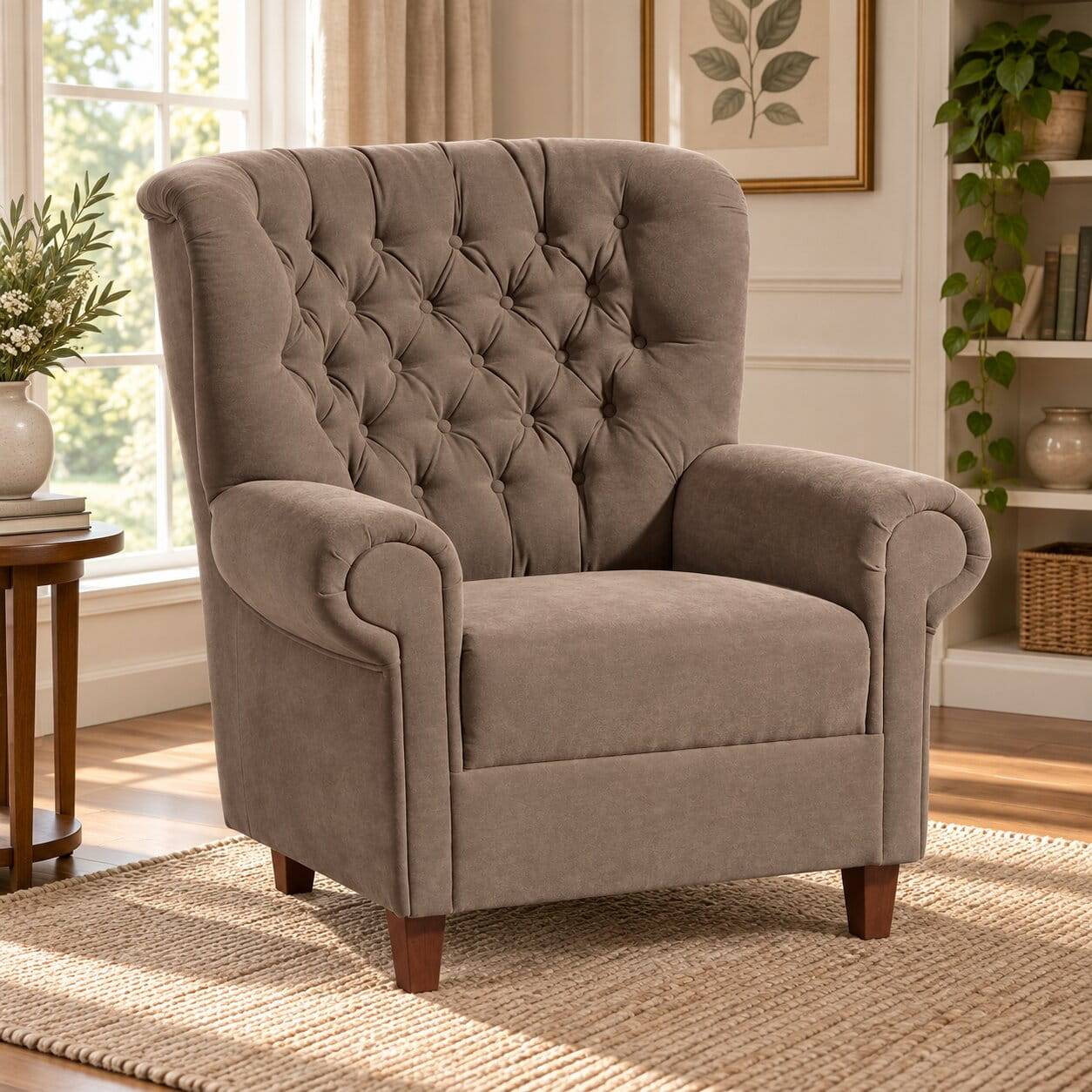 Chesterfield Velours-Sessel in Beigegrau - Georgetta