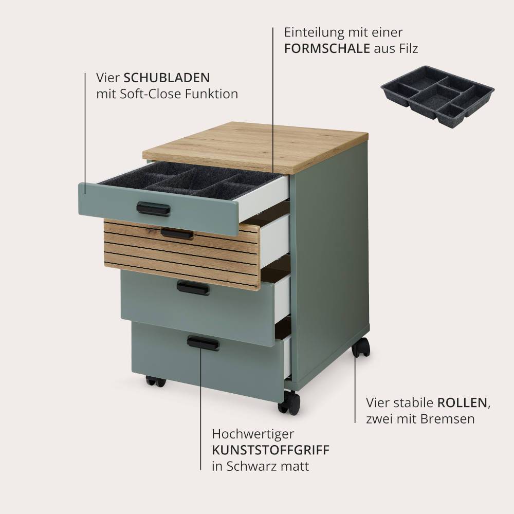 Schreibtisch Rollcontainer in Graugrün - Lenza