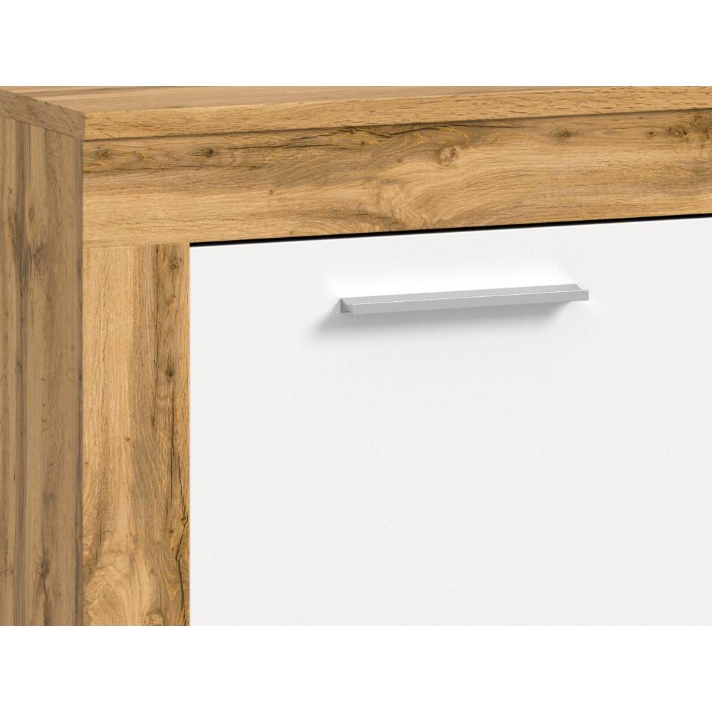 Detail der weißen Schubladenfront mit silbernem Griff der TV-Wand in Holzoptik – Jatiga