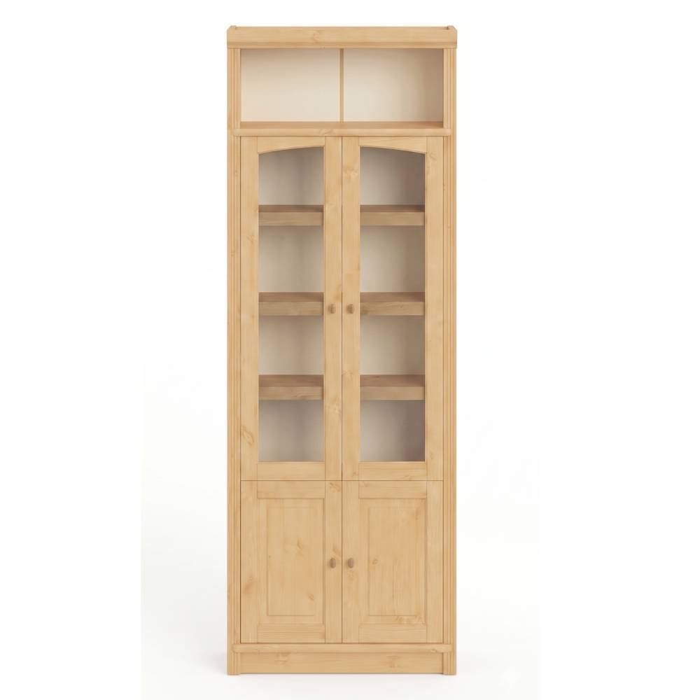 Hoher Landhaus Bücherschrank aus Kiefer Natur mit zwei Glastüren und offenem Fach – Snog