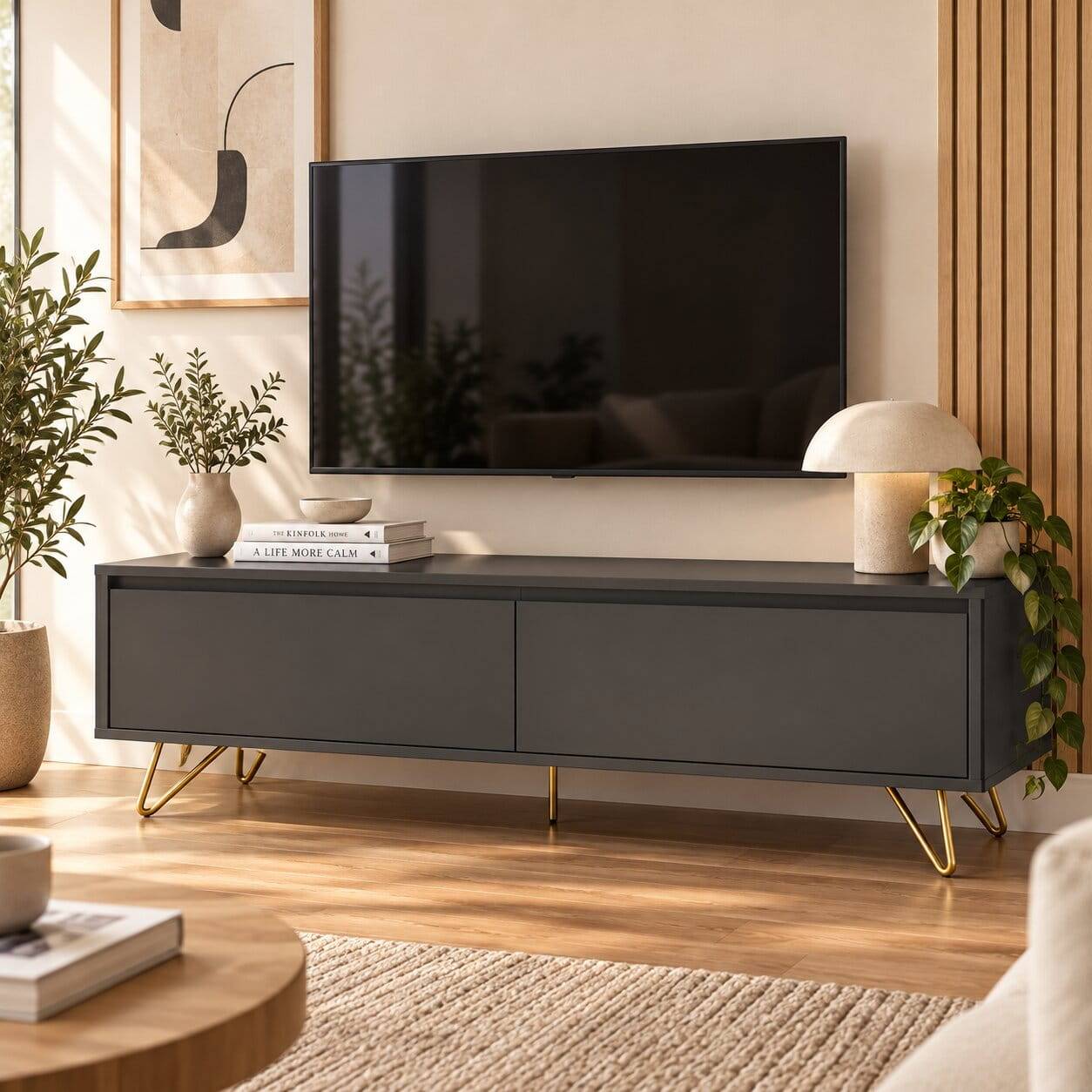 120x45x40 Niedrige Kommode mit Klappe & Schublade in Anthrazit & Gold