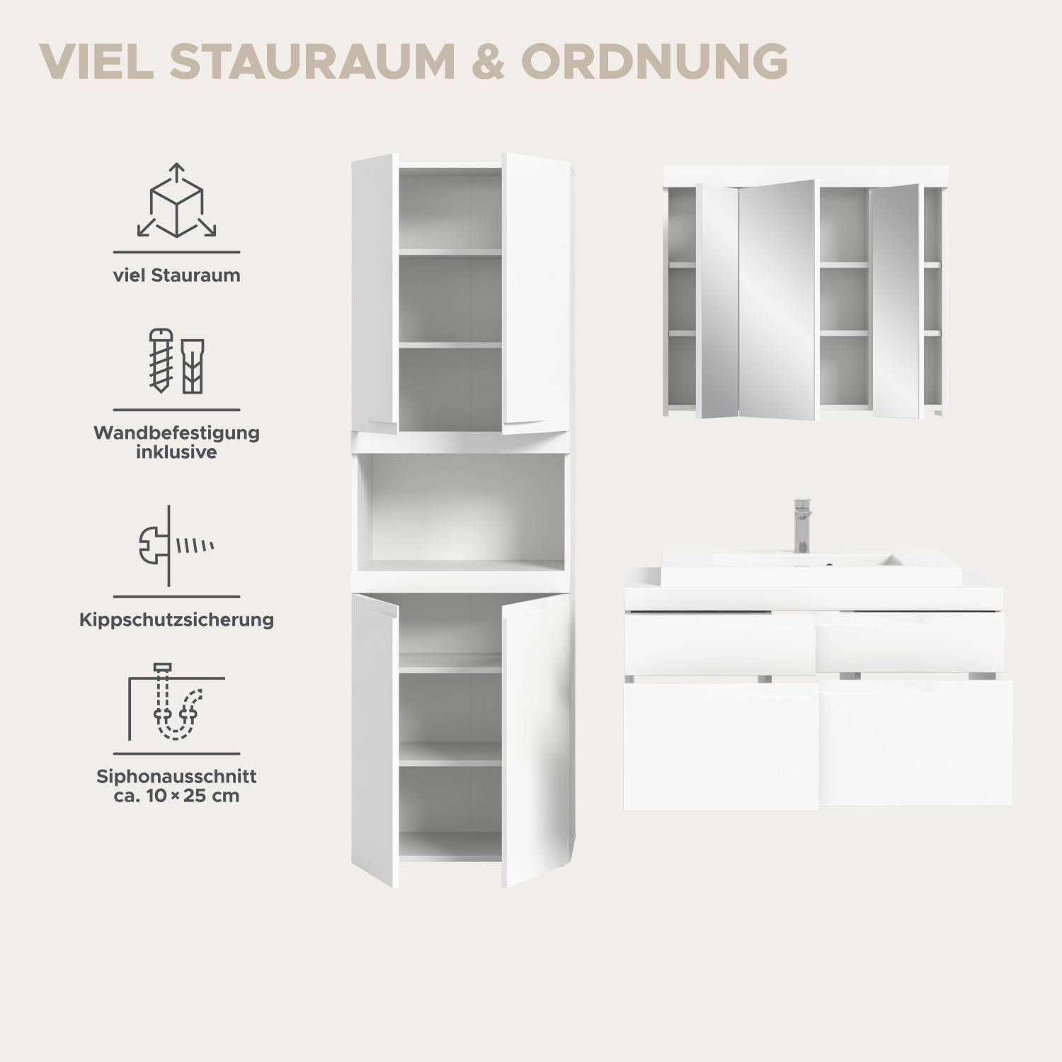 Weißes dreiteiliges Badmöbelset mit viel Stauraum, Wandbefestigung und Siphonausschnitt – Bruna