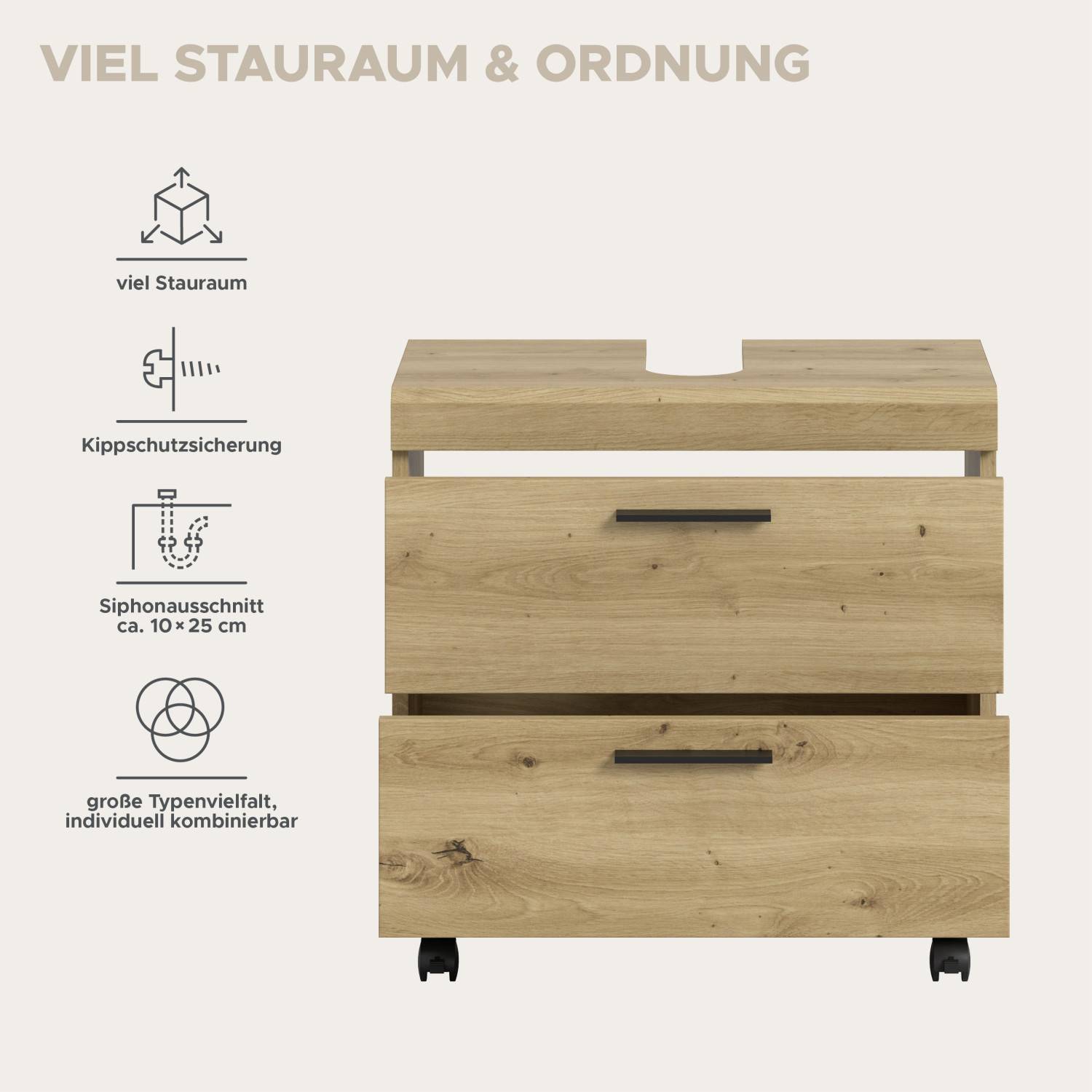Heller Badunterschrank mit Siphonausschnitt, viel Stauraum und Kippschutzsicherung in Holzoptik – Lasewood