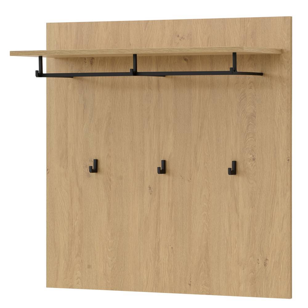 Garderobe in Eiche Stone Holzoptik mit Ablage, Kleiderstange und drei schwarzen Haken Jaskin