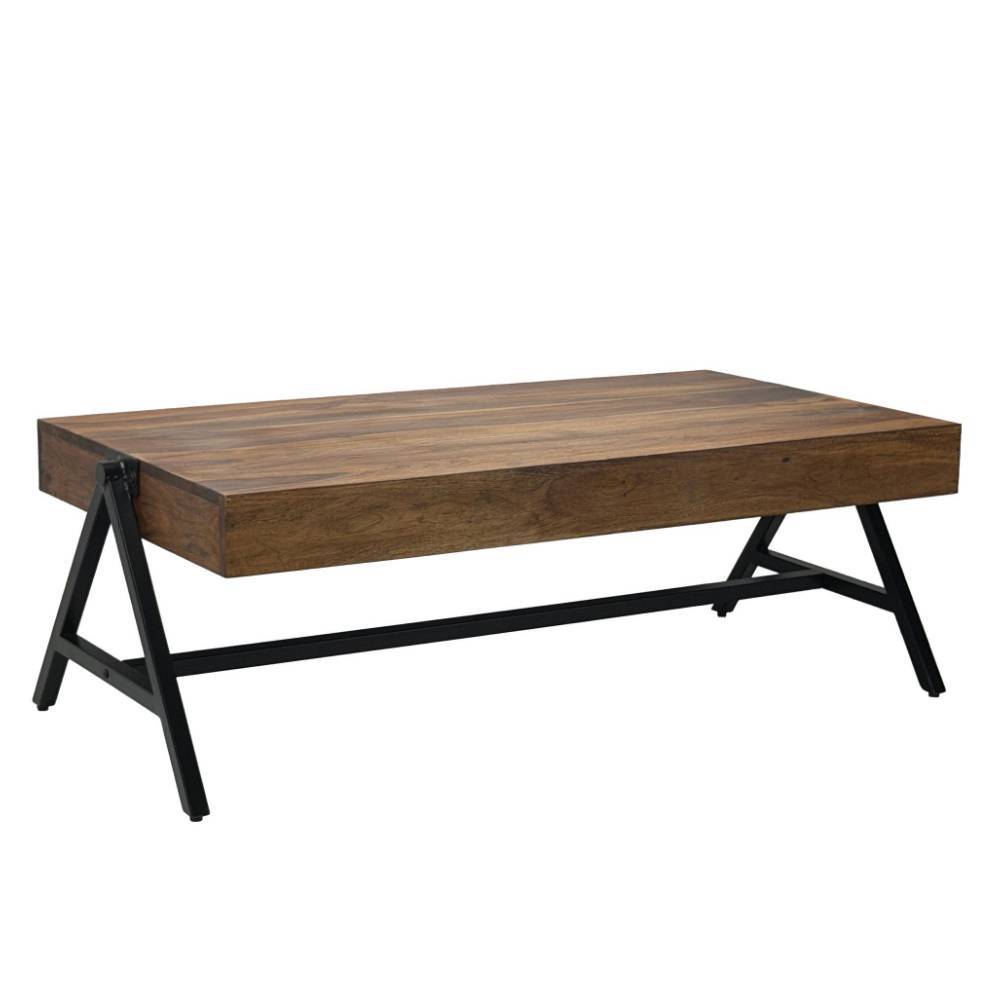 Eleganter Couchtisch aus Sheesham Massivholz mit schwarzem Metallrahmen – Cryston