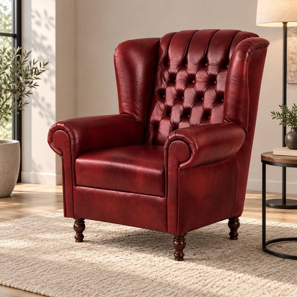 Chesterfield Ohrensessel in Dunkelrot Leder - Guantama