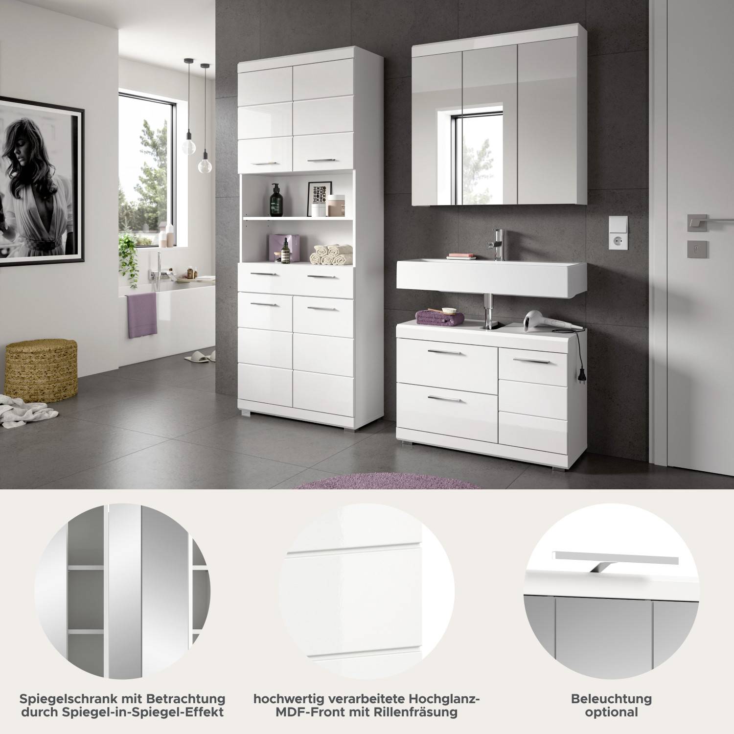 Weißes dreiteiliges Badmöbel Set mit Spiegelschrank, Waschtischunterschrank und Hochschrank in Hochglanz – Nanila