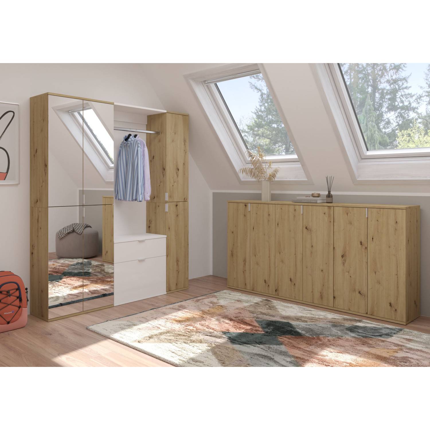 Dreiteiliges Dielenset in Artisan Eiche mit Spiegel, Garderobenschrank und Schuhschrank für den Flur – Pretty