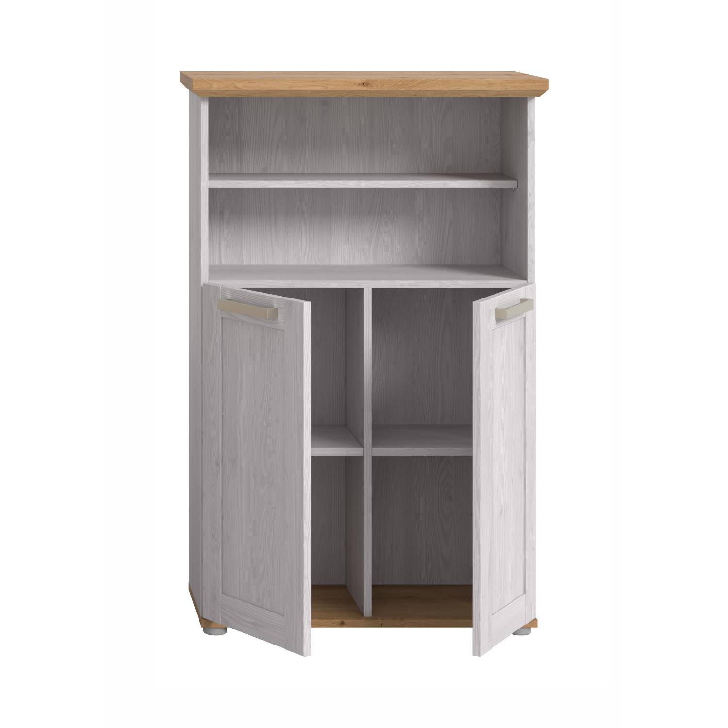Offener Badezimmerschrank mit zwei Türen, Regalfächern und Holzplatte – Tocella