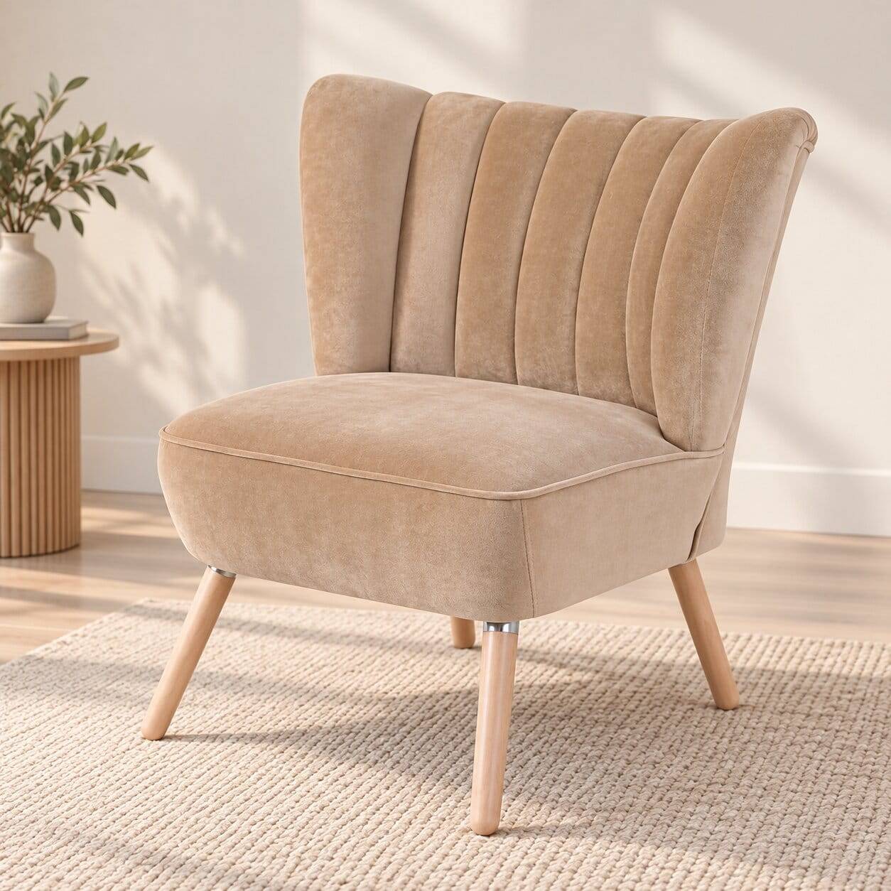 Loungesessel in Beige und Buche Natur aus Samtvelours und Holz