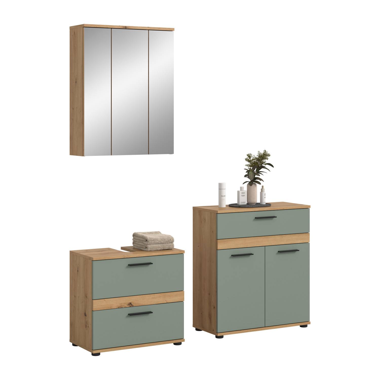 Dreiteiliges Badmöbel Set in Salbeigrün und Eichenholz Optik für ein funktionales Badezimmer – Luzanos