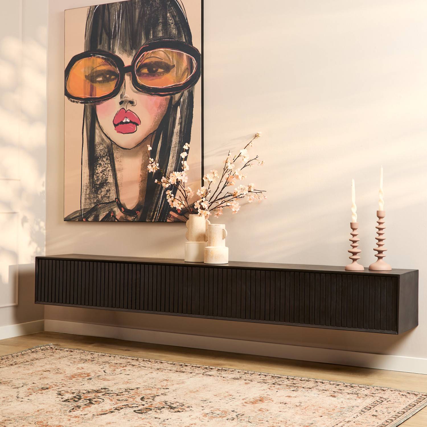 Dunkelbraunes Industrial TV Board 240 cm breit mit geriffelten Fronten – Jusitc