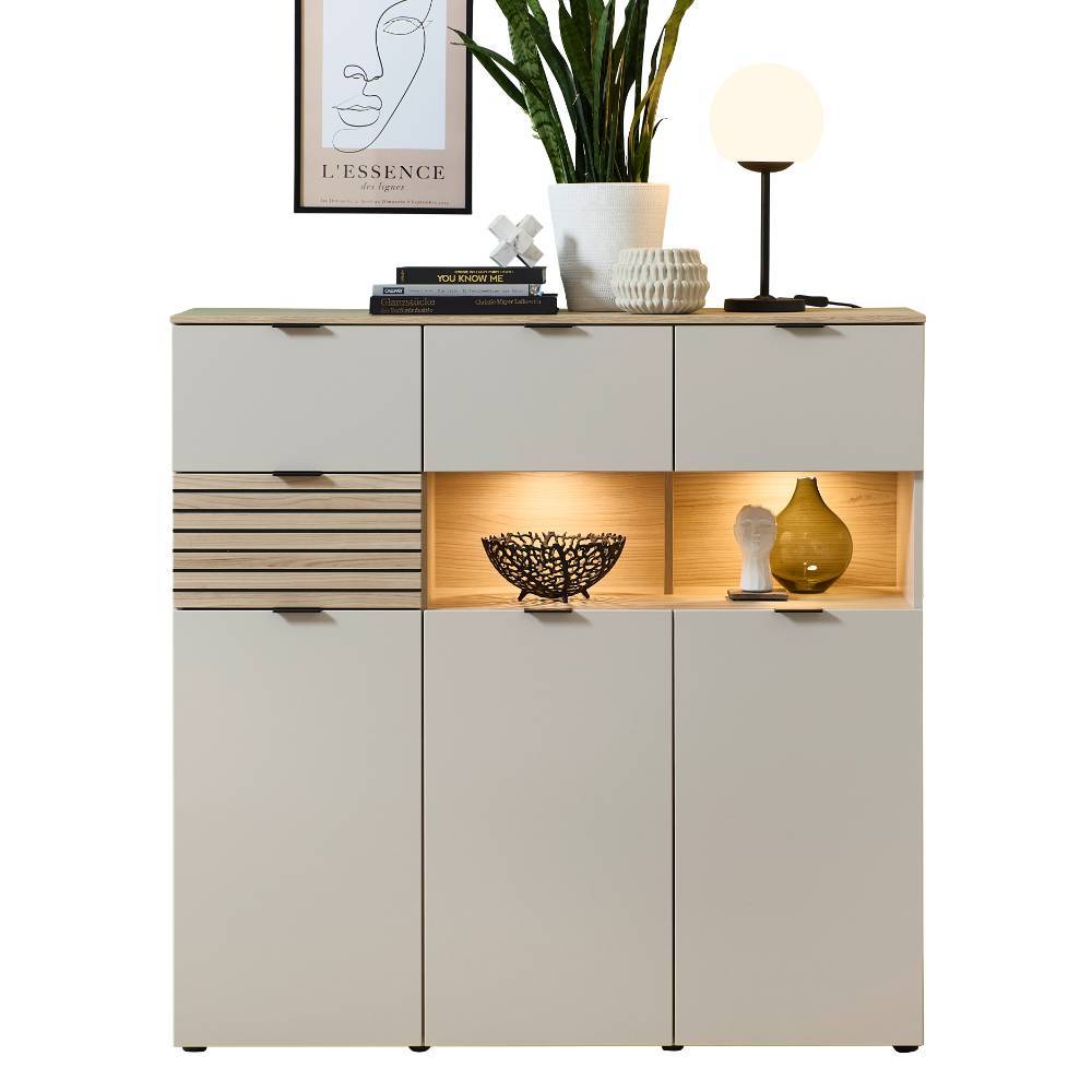 Breites Highboard in Hellgrau und Eiche Hell - Rovigo