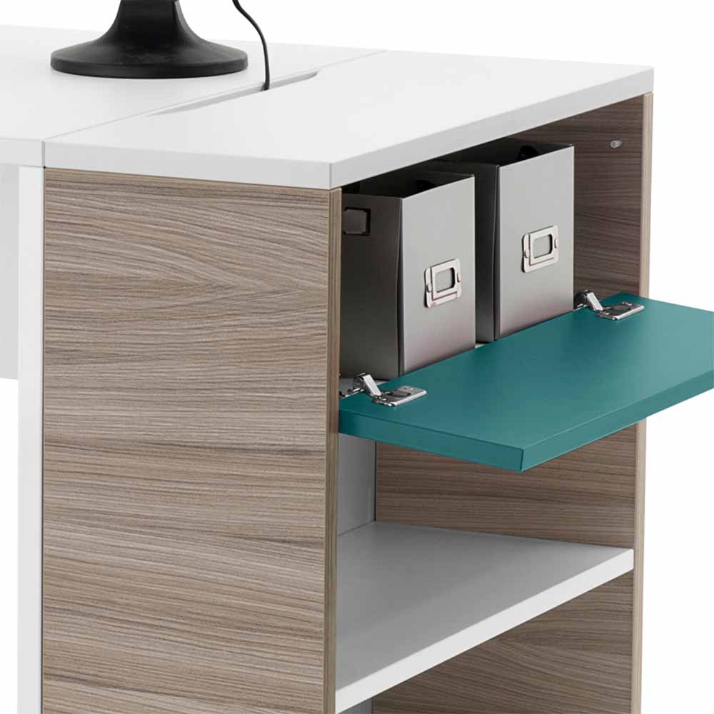 Weißer Schreibtisch Enrys mit Holzdekor und Petrol