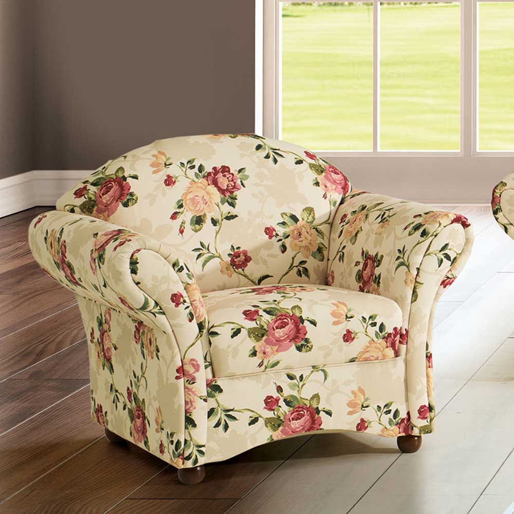 Landhaus Sessel mit Rosen Muster Stoffbezug - Bracas