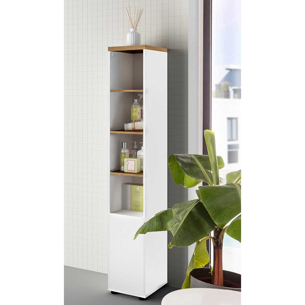 Badezimmer Hochschrank in Weiß mit Wildeiche - Alenta