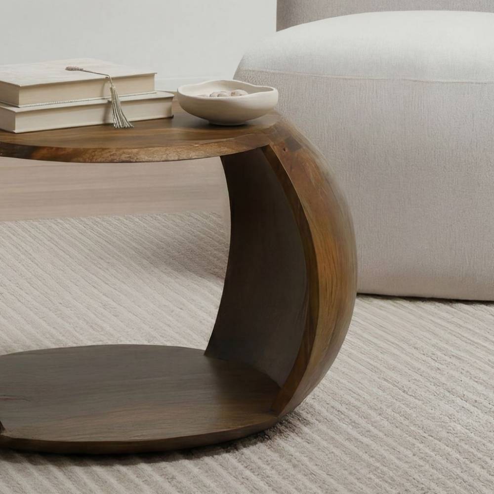 Runder Couchtisch mit offenem Fassdesign aus dunklem Massivholz für das Wohnzimmer – Icana
