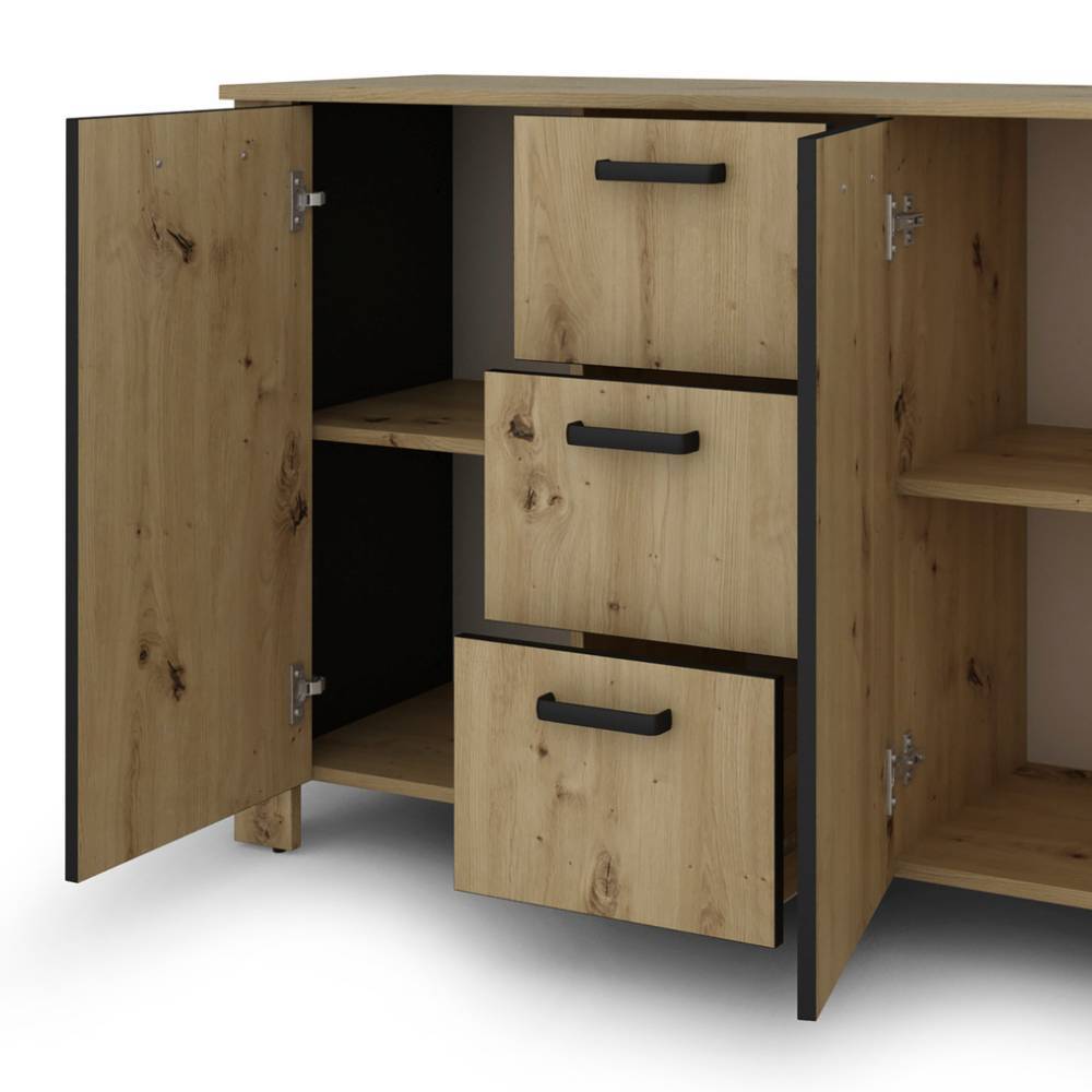 Modernes Kombi-Sideboard mit geöffneten Türen und Schubladen in Holzoptik – Monte