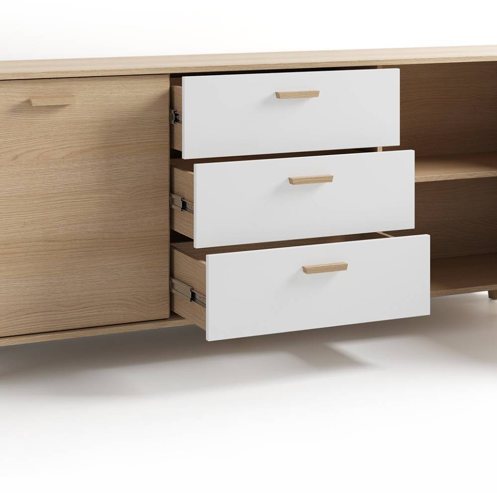 Sideboard mit geöffneten weißen Schubladen und Stauraum im rechten Fach – Demphis