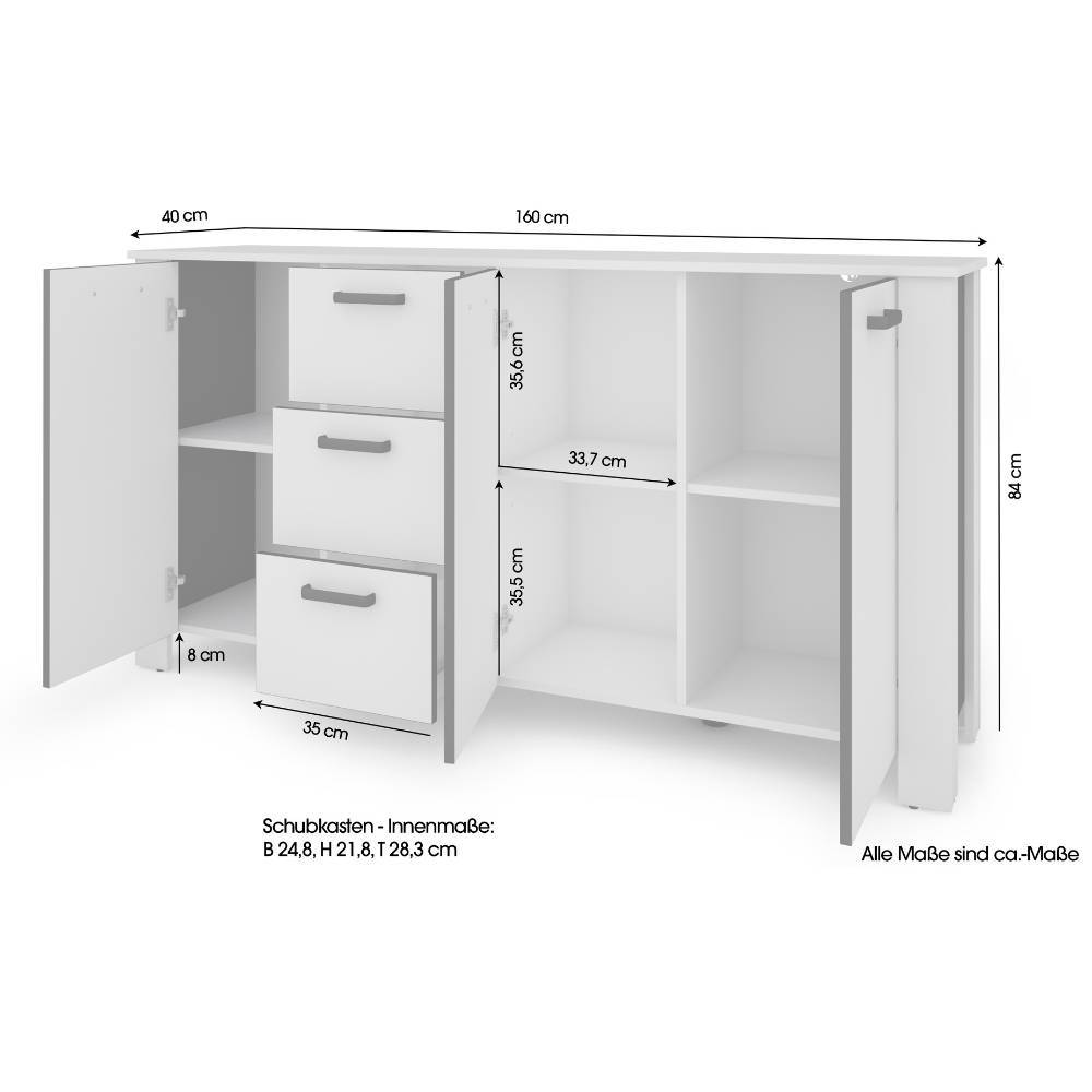 Kombi-Sideboard in Weiß-Schwarz mit allen wichtigen Maßen und Abmessungen zur Planung – Planet