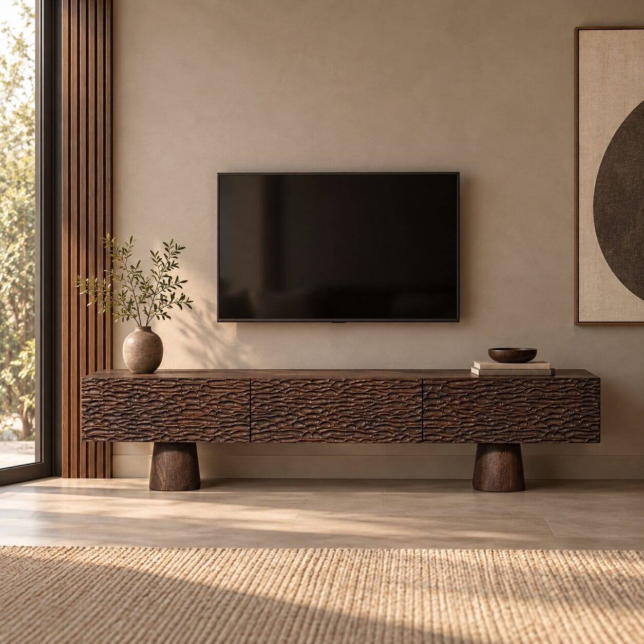 Design TV Lowboard aus Mangoholz in Walnuss Braun - Glancossa