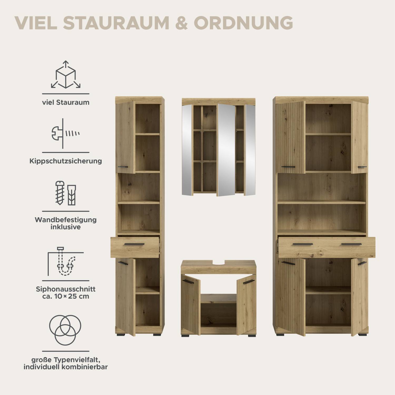 Badezimmerset Funktionen mit viel Stauraum, Kippschutz, Wandbefestigung und Siphonausschnitt – Lasewood