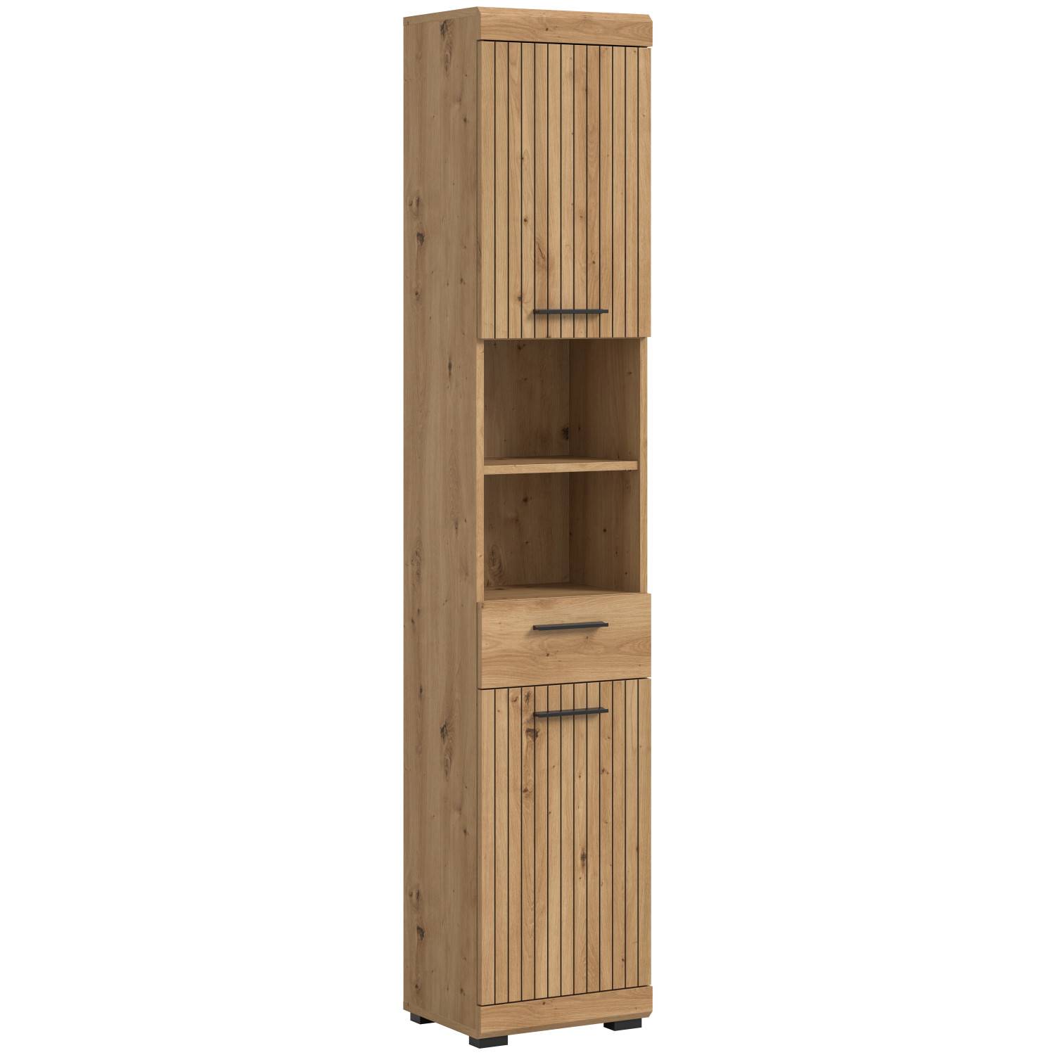 Schmaler Badezimmerschrank in Artisan Dekor mit Lamellenfront, Schublade und offenen Fächern – Lasewood
