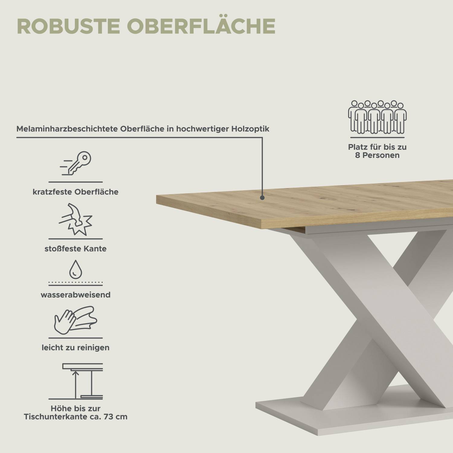 Robuste, kratzfeste und pflegeleichte Oberfläche des Esstisches, Platz für bis zu 8 Personen – Musty