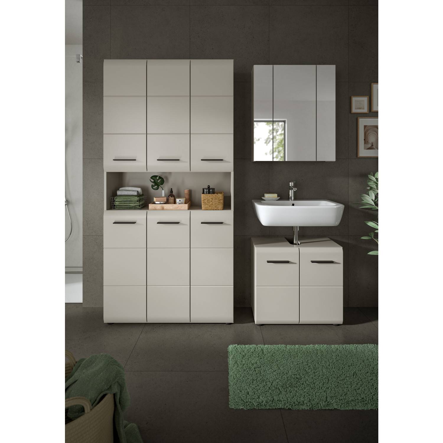Beige Badmöbel-Set mit hohem Schrank, offenem Fach und Unterschrank für das Bad – Donostia