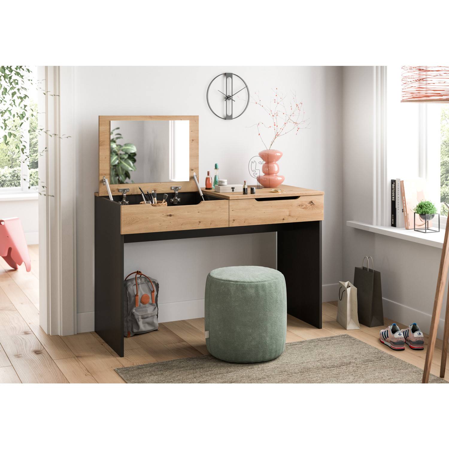 Moderner Frisiertisch mit aufklappbarem Spiegel und offenem Staufach im Jugendzimmer – Irysma