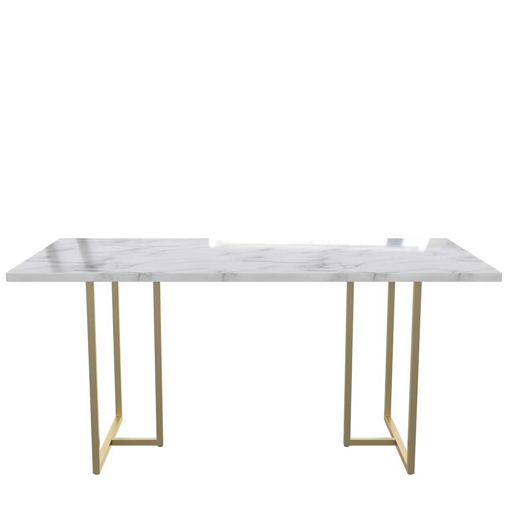 Rechteckiger Esstisch mit eleganter Marmor Optik Platte und zwei goldenen U-Gestellen – Chaira