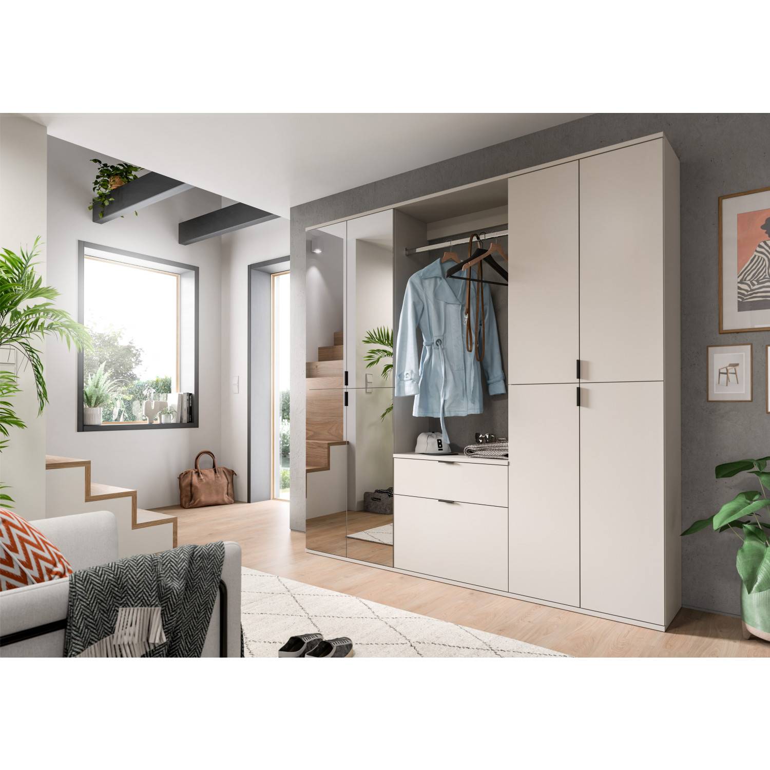 Heller Badhochschrank mit Spiegelfront, offenen Fächern und Schubladen in modernem Flur – Meho
