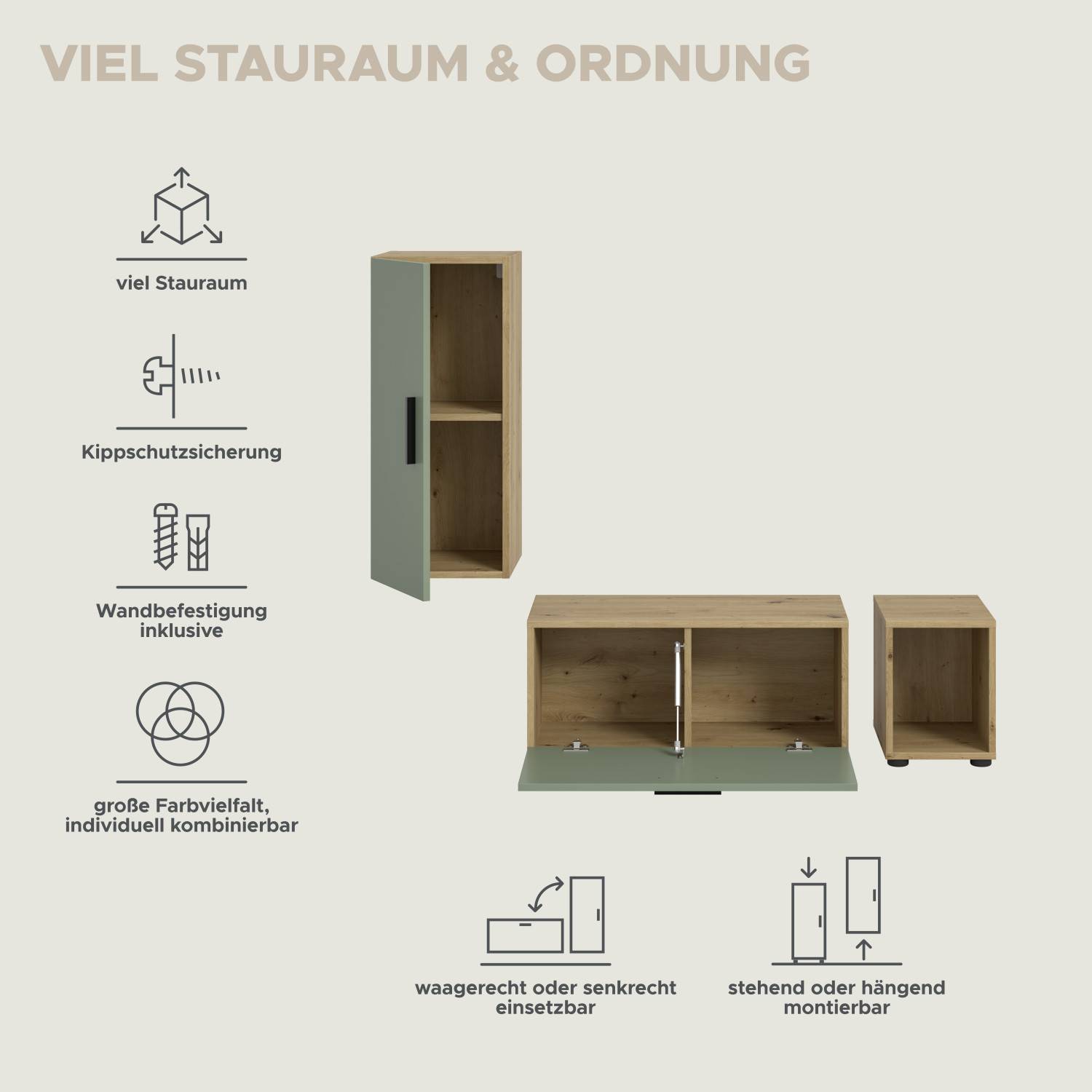 Vielseitiges Anbauwand Set mit Kippschutz, Wandbefestigung und flexibler Montageoption – Jonni