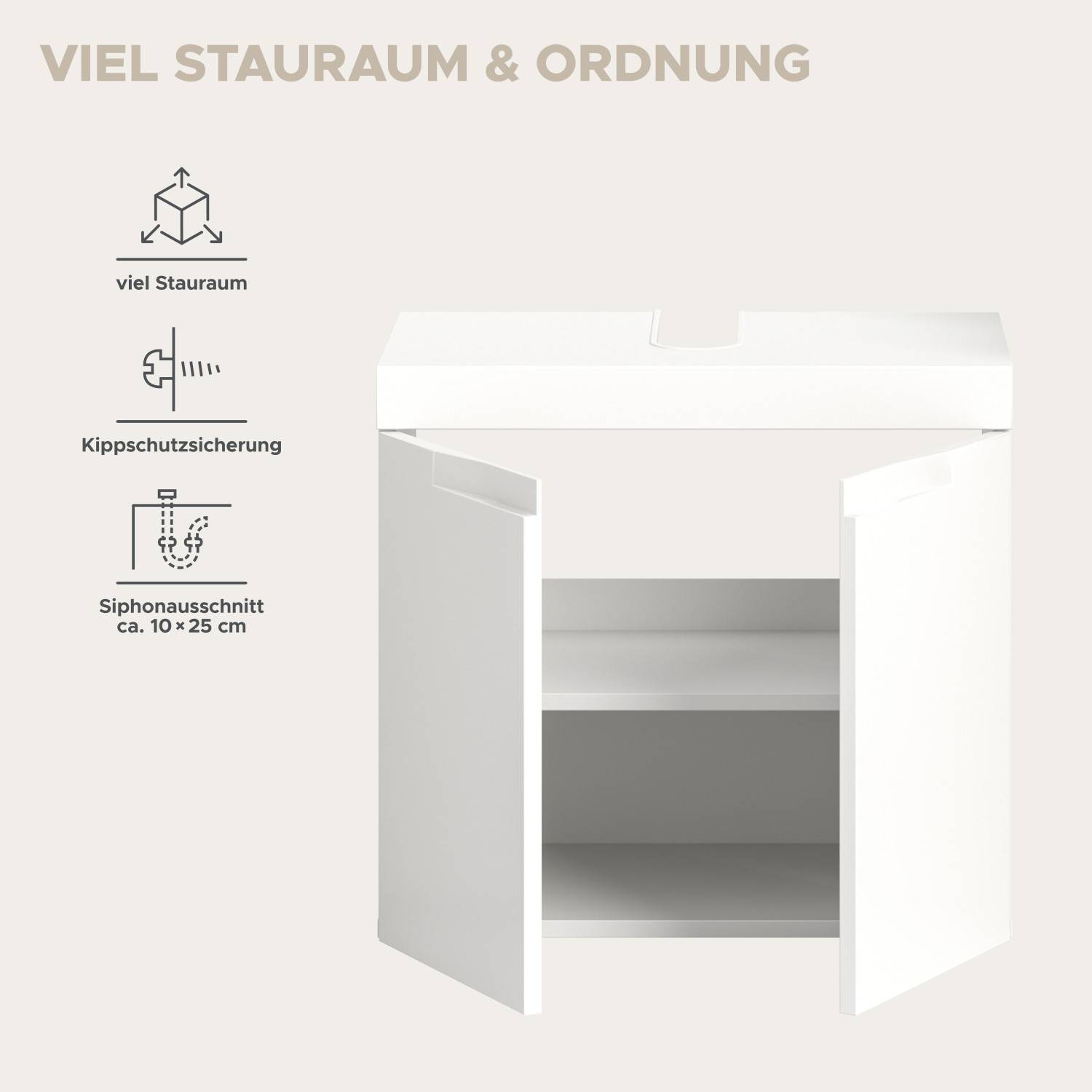 Viel Stauraum, Kippschutzsicherung und Siphonausschnitt im modernen Badmöbel – Bruna