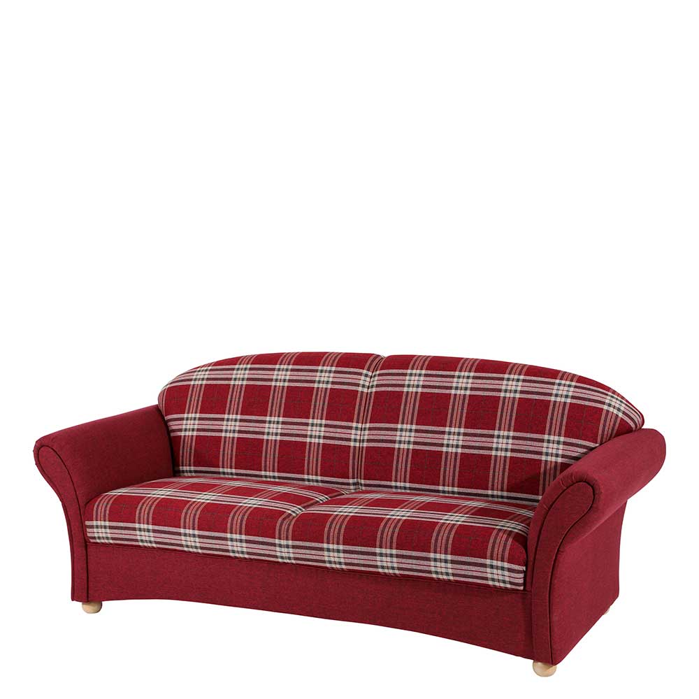 Rotes Landhaus Sofa mit karierter Polsterung und geschwungenen Armlehnen – Lyatea