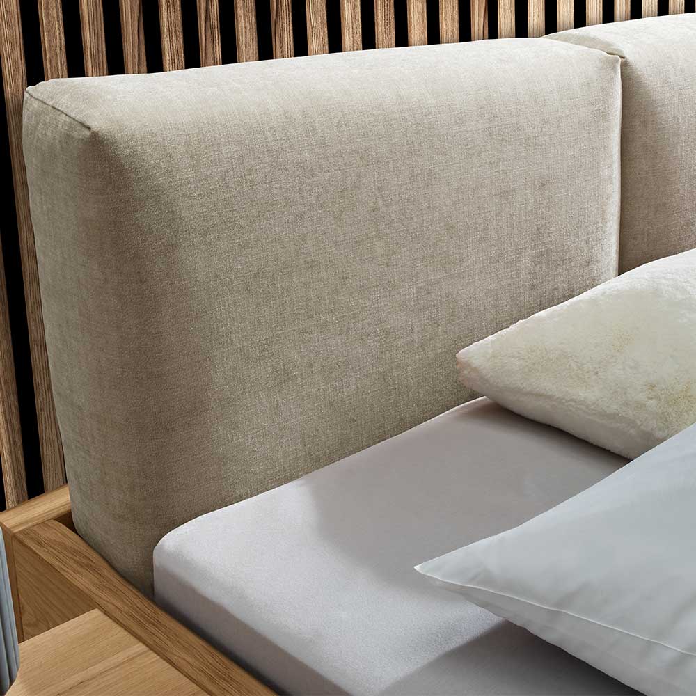 140x200 Bett mit Chenille Kopfteil & Wildeiche Rahmen - Aljawis (dreiteilig)