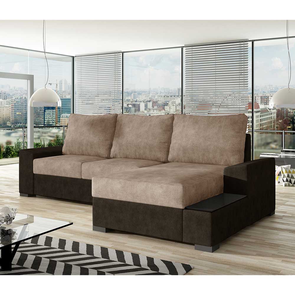 Schlafsofa Ecke in Beige und Dunkelbraun - Subra