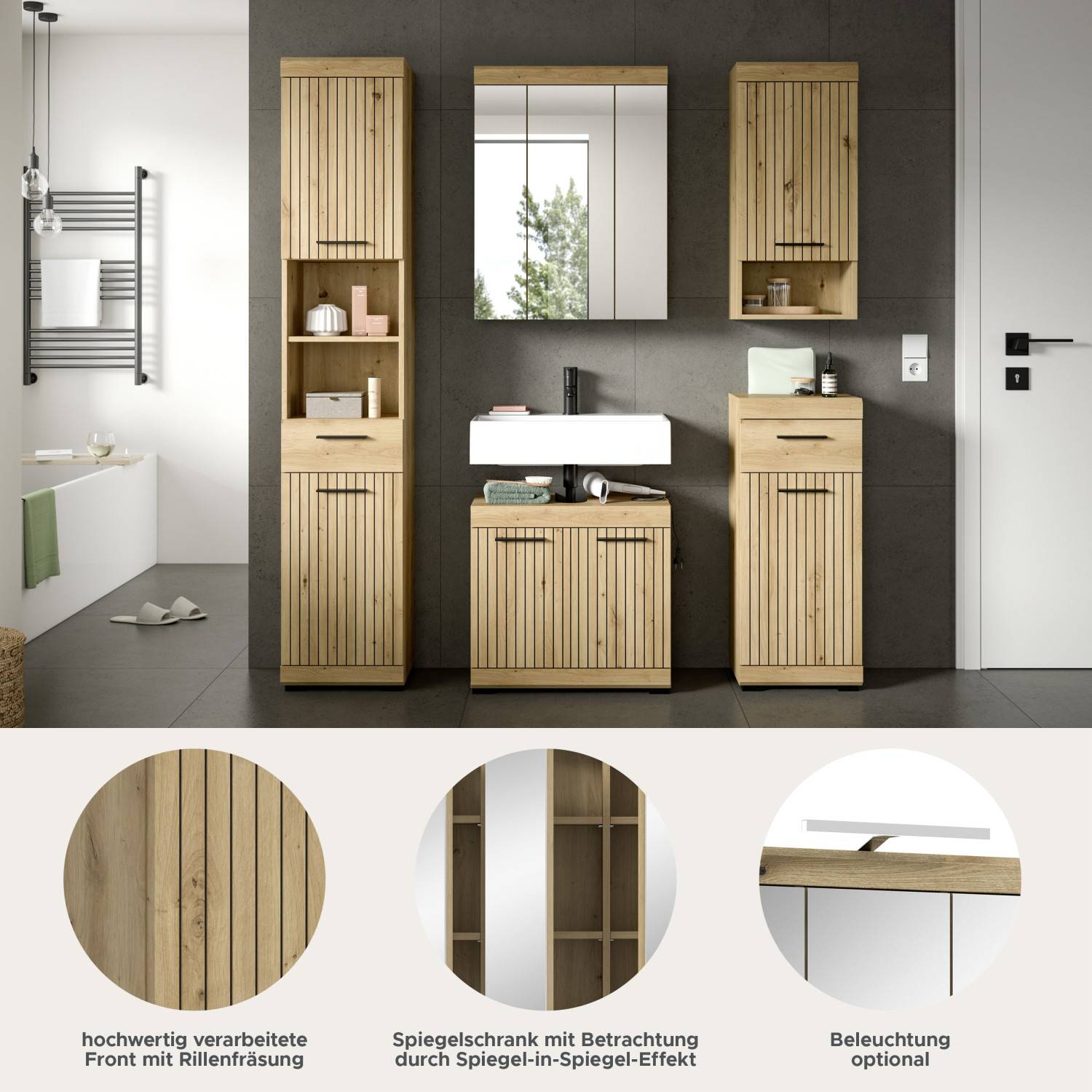 Badezimmer Set mit hochwertiger Rillenfräsung, Spiegelschrank mit Spiegel-Effekt und optionaler Beleuchtung – Lasewood