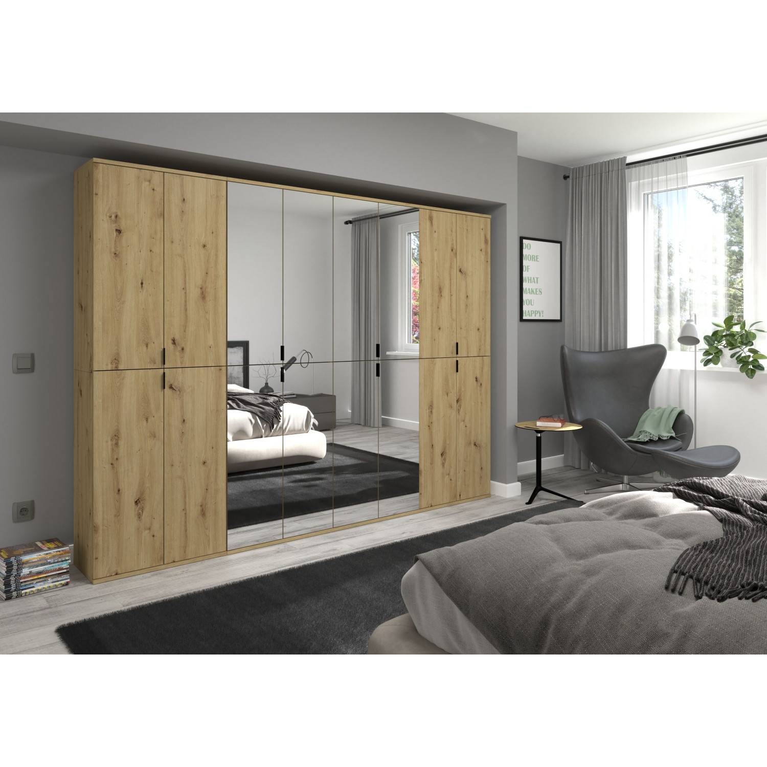 Schlafzimmerschrank mit Spiegeltüren und holzfarbenen Schranktüren in rustikaler Holzoptik – Pretty