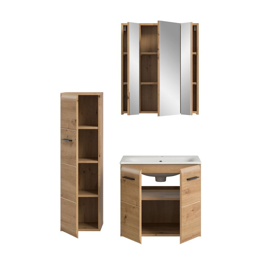 Offene Ansicht vom Badezimmerset zeigt Stauraum in Hochschrank, Waschtisch und Spiegelschrank – Canopus