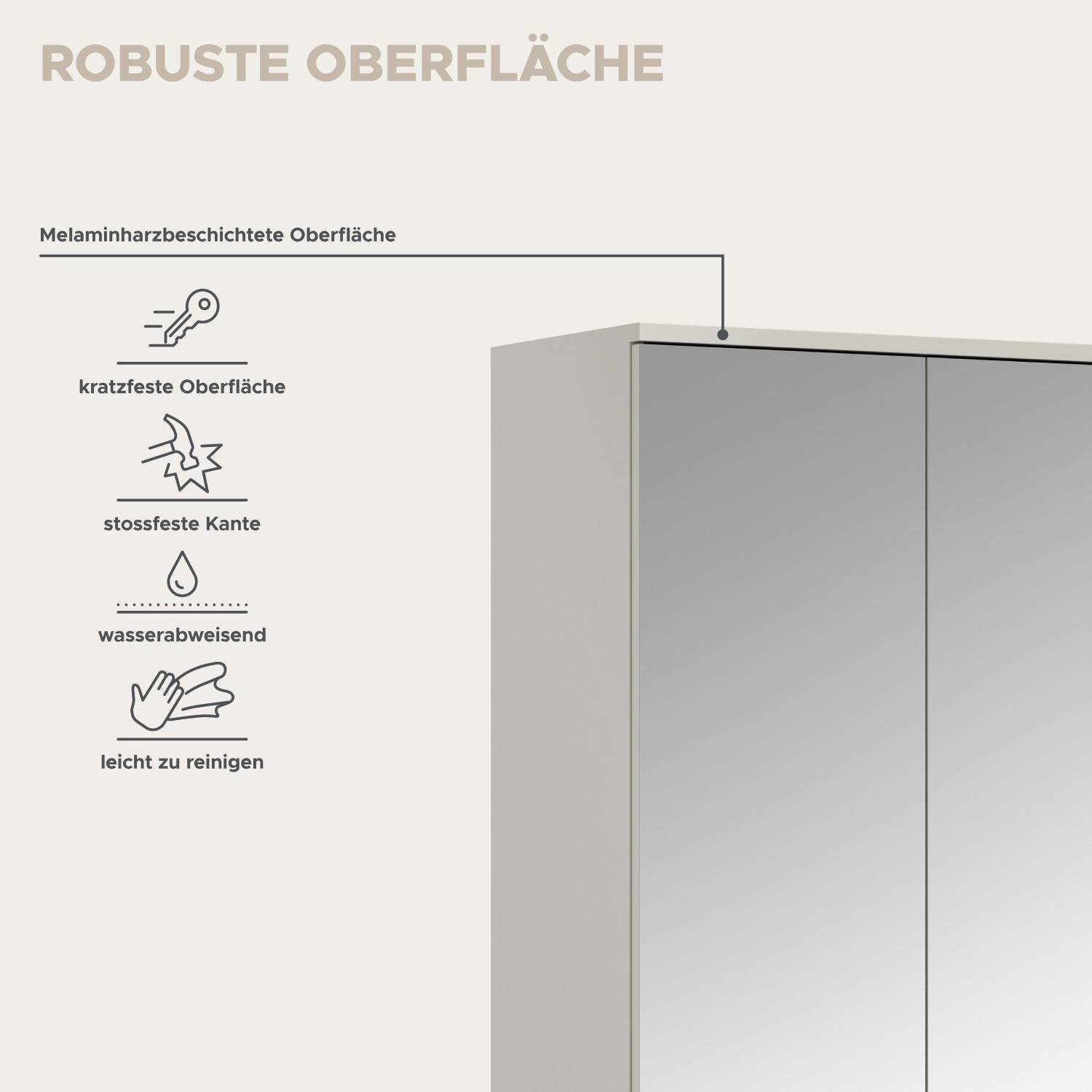 Robuste Oberfläche der Garderobe kratzfest stoßfest wasserabweisend und leicht zu reinigen – Meho
